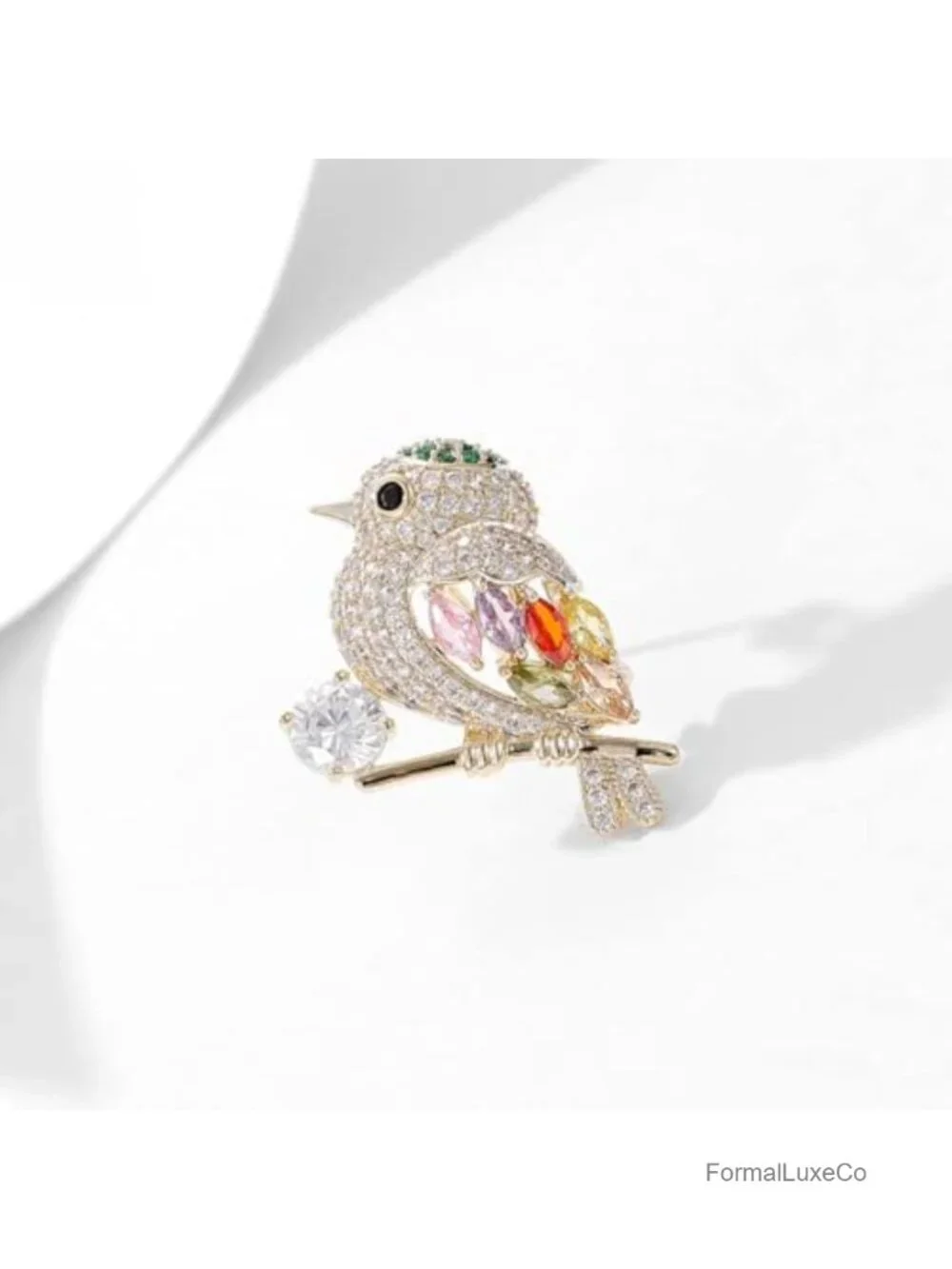 14K Gold Magpie Brooch Moissanite Crystal Bird Pin Cardigan Accessory